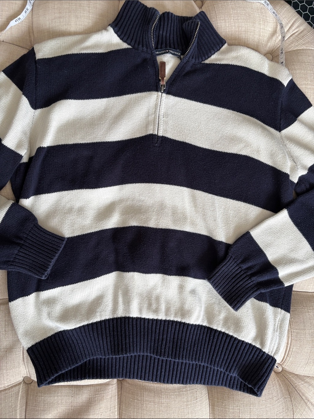 Brandy Melville Navy and Cream Striped Half-Zip Sweater